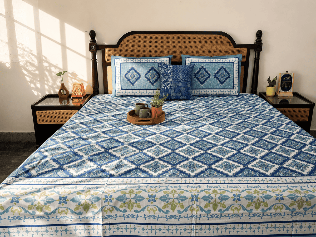 Sagar Blue - Flat I Fitted Bedsheet (108x108 Inches)