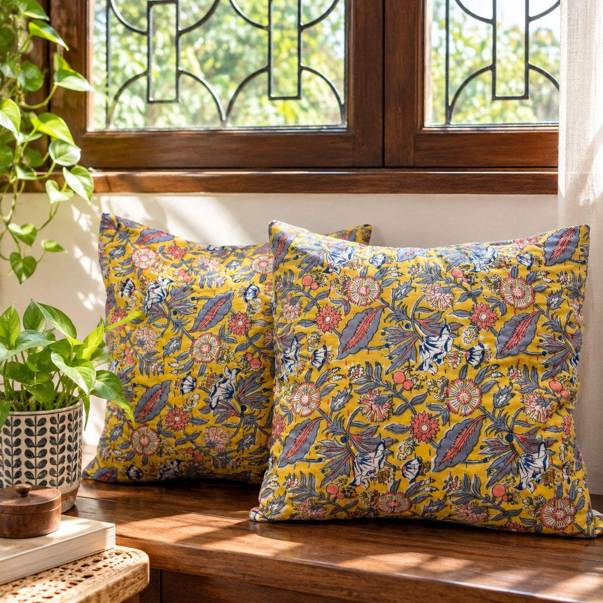 Guldasta – Handblock Kantha Stitch Cushion Cover