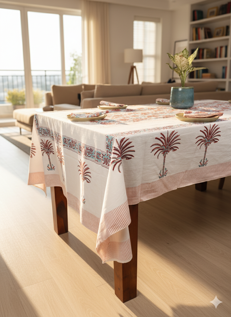 Kumudini  Hand Block Six seater Dining Table Cover With Napkin