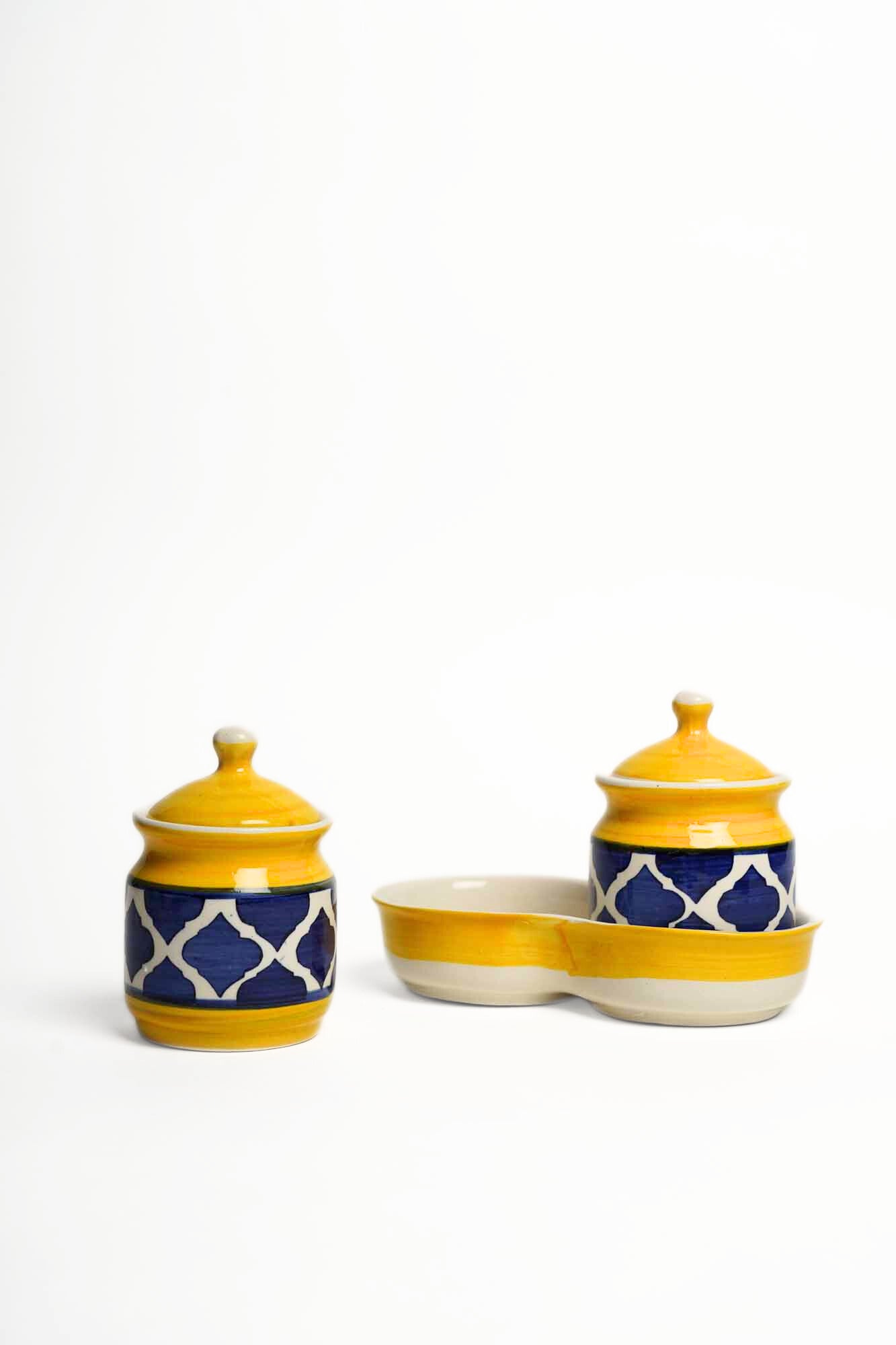 Moroccan Blue Pickle/Condiments Set - Set of 2 Jars and1Tray