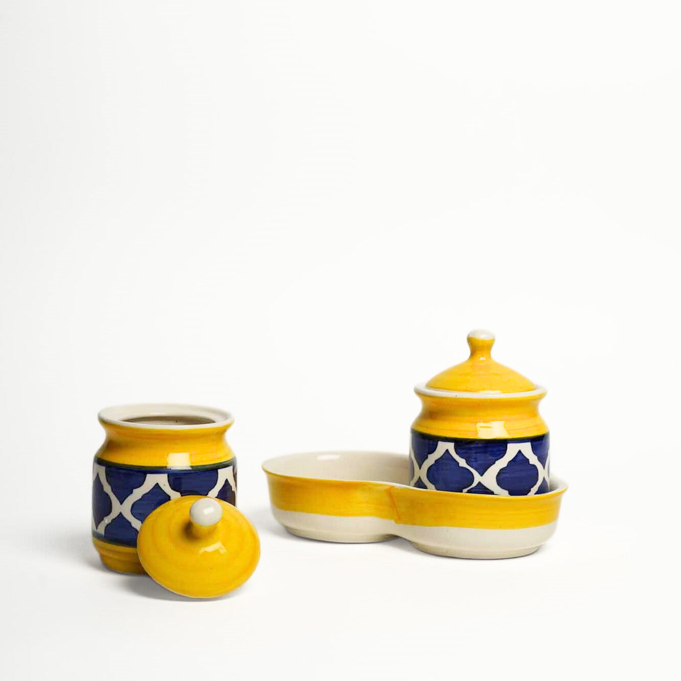 Moroccan Blue Pickle/Condiments Set - Set of 2 Jars and1Tray