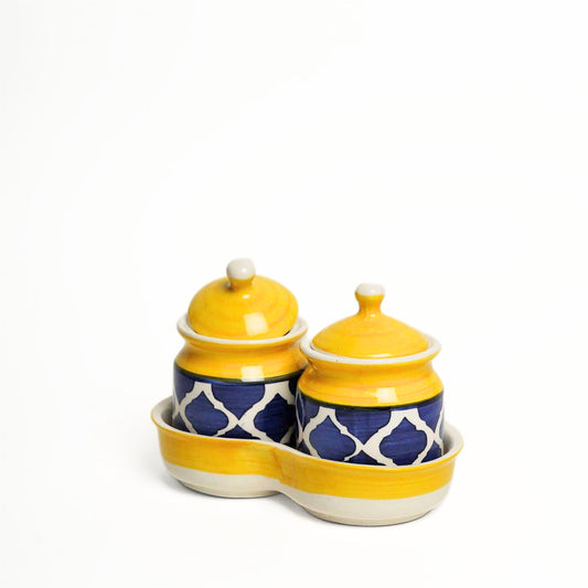 Moroccan Blue Pickle/Condiments Set - Set of 2 Jars and1Tray