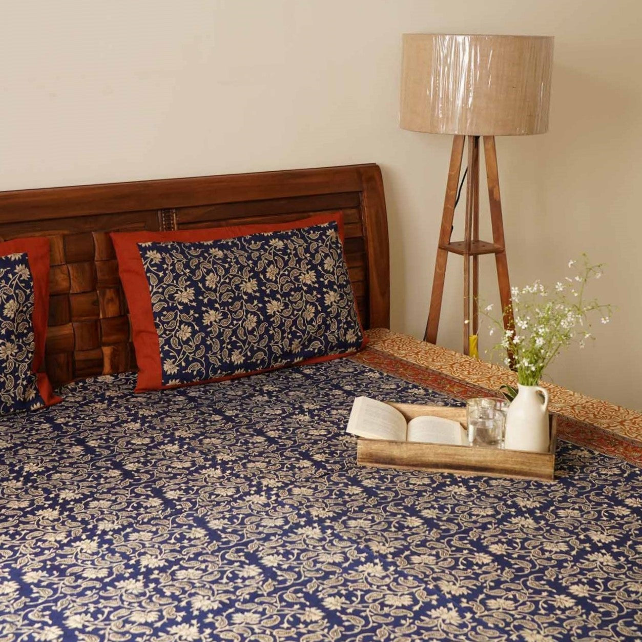Blue Kalamkari - Flat I Fitted Bedsheet (90x108 Inches)