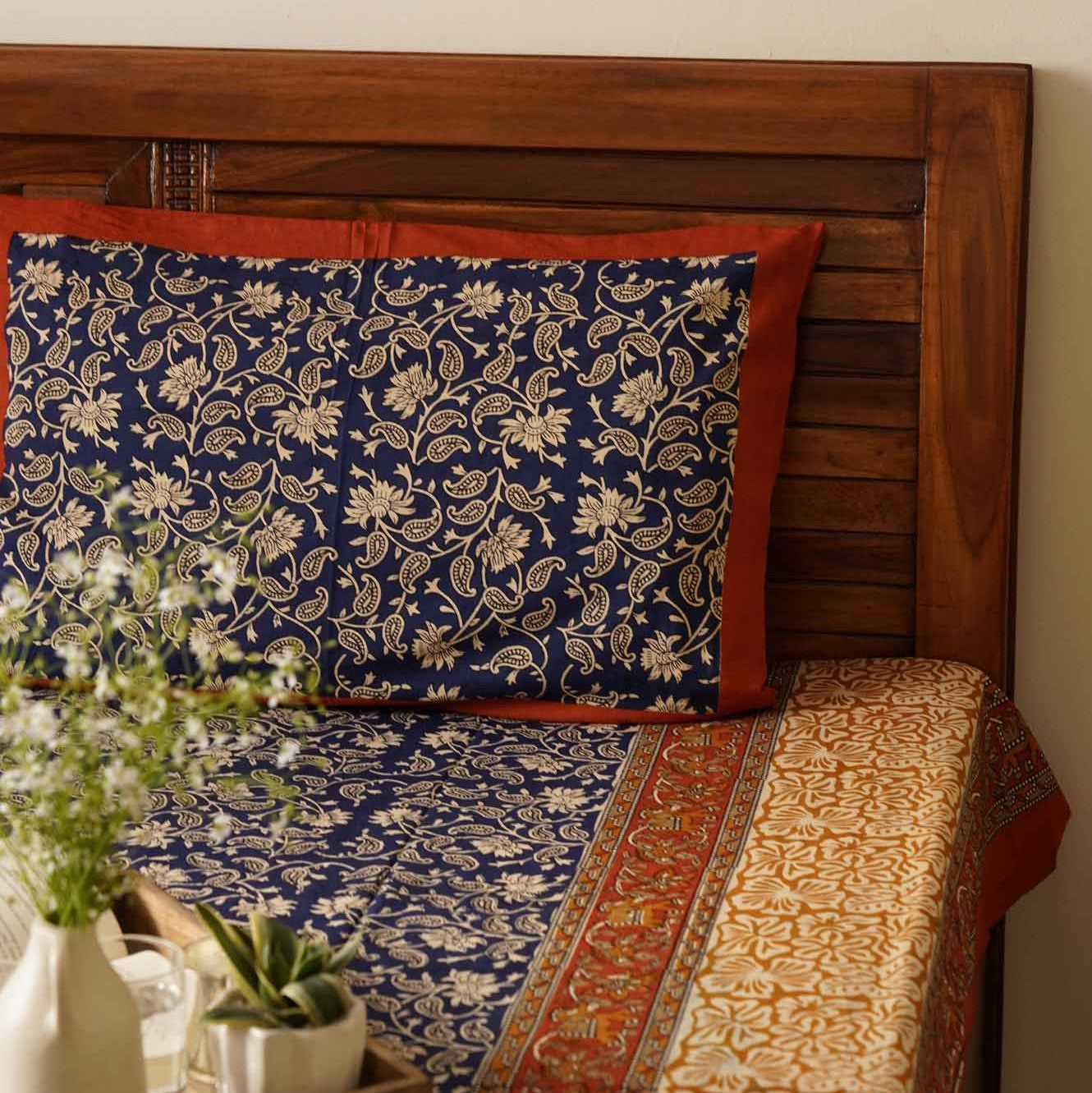 Blue Kalamkari - Flat I Fitted Bedsheet (90x108 Inches)
