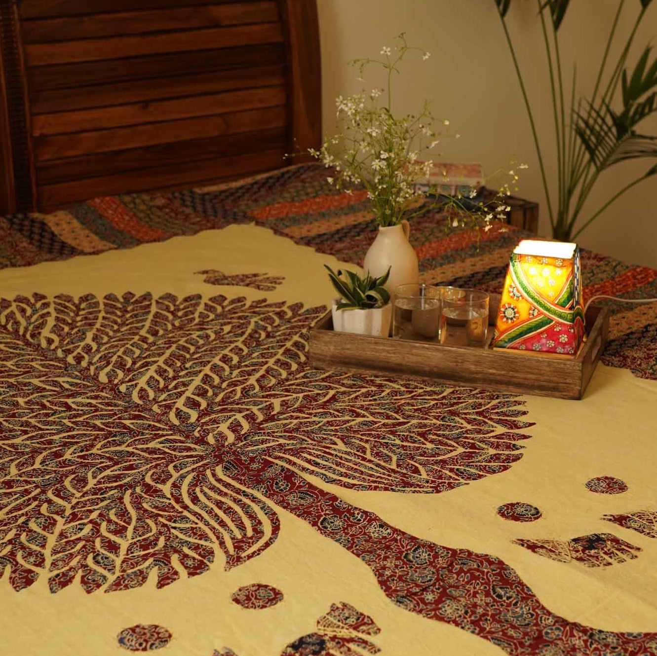 Tree of Life - A Kantha Bedcover - Maroon