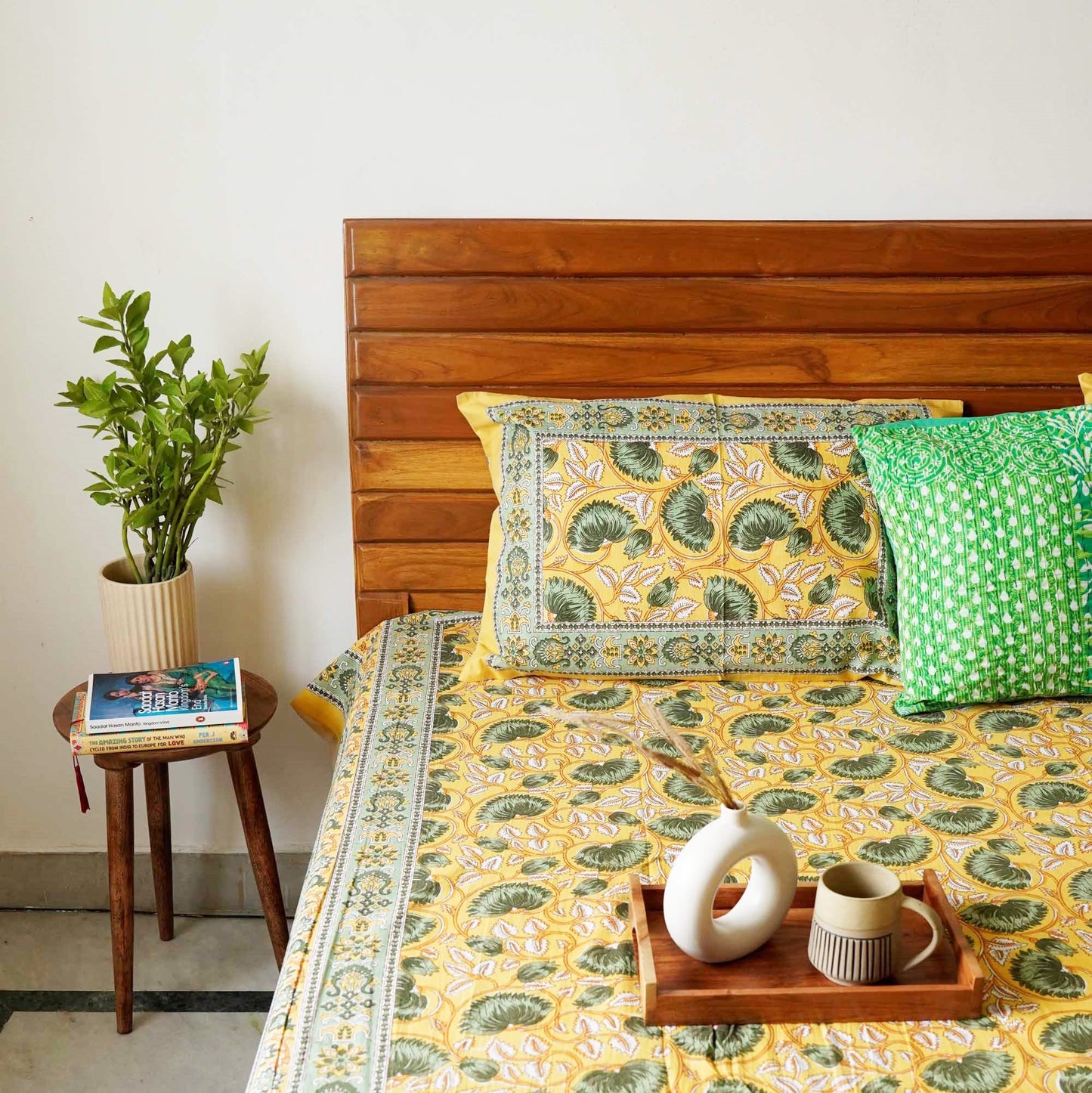 Begum - Yellow - Single(60 x 90) I Flat I Fitted Bedsheet (90 x108 Inches)