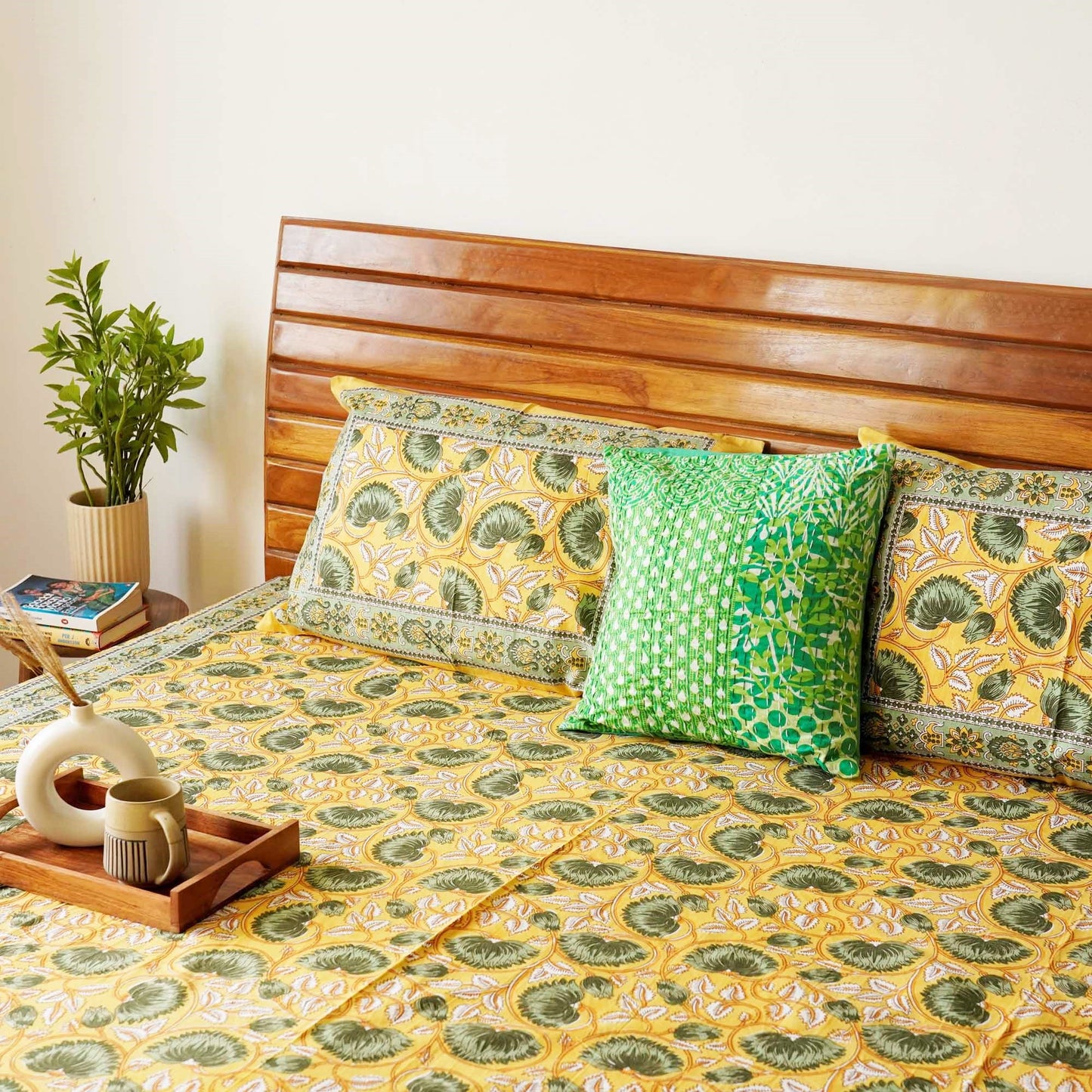 Begum - Yellow - Single(60 x 90) I Flat I Fitted Bedsheet (90 x108 Inches)