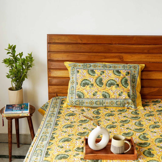 Begum - Yellow - Single(60 x 90) I Flat I Fitted Bedsheet (90 x108 Inches)