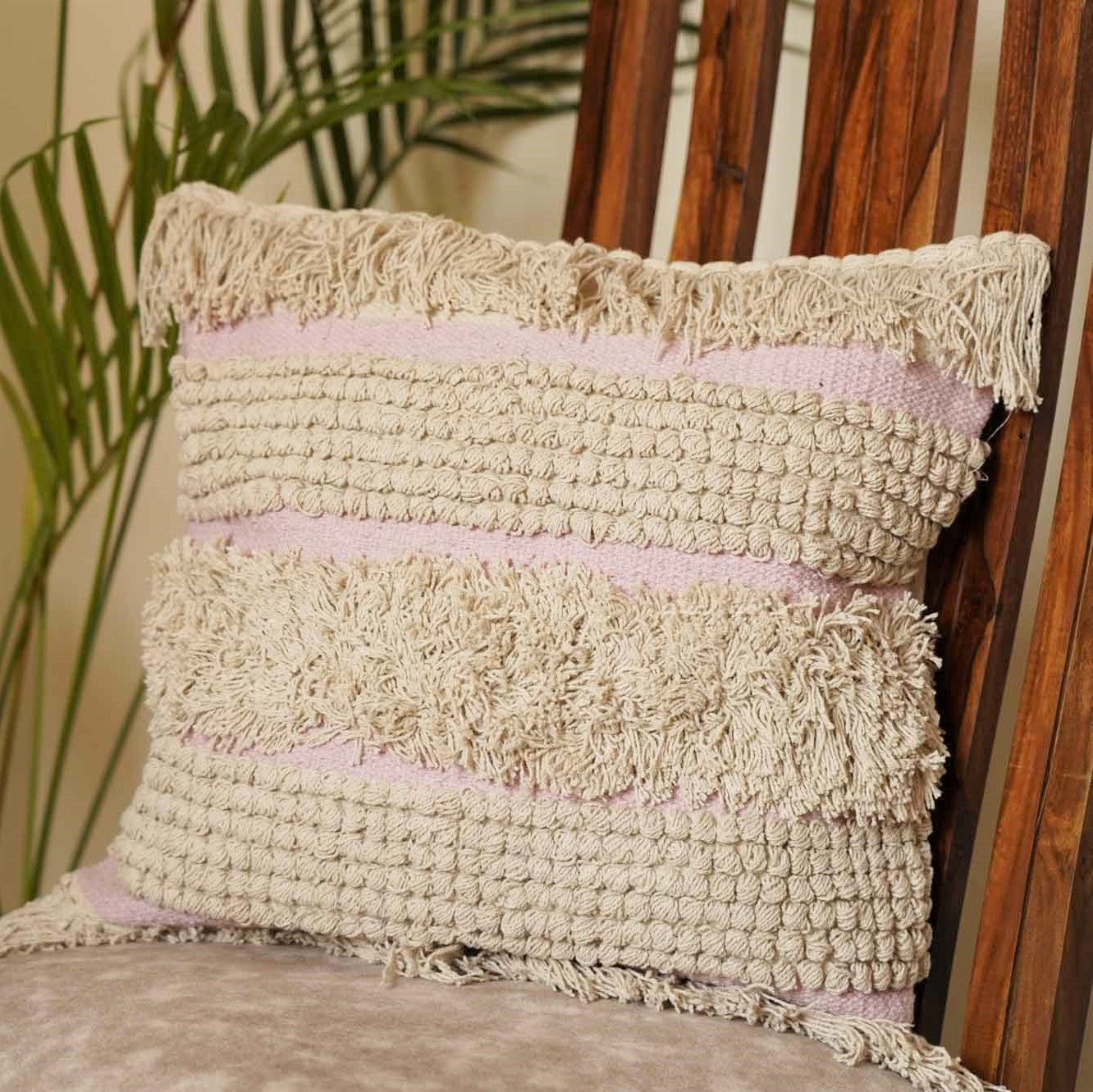 Boho Vibe – Pink Fringes Tufted Cushion Cover