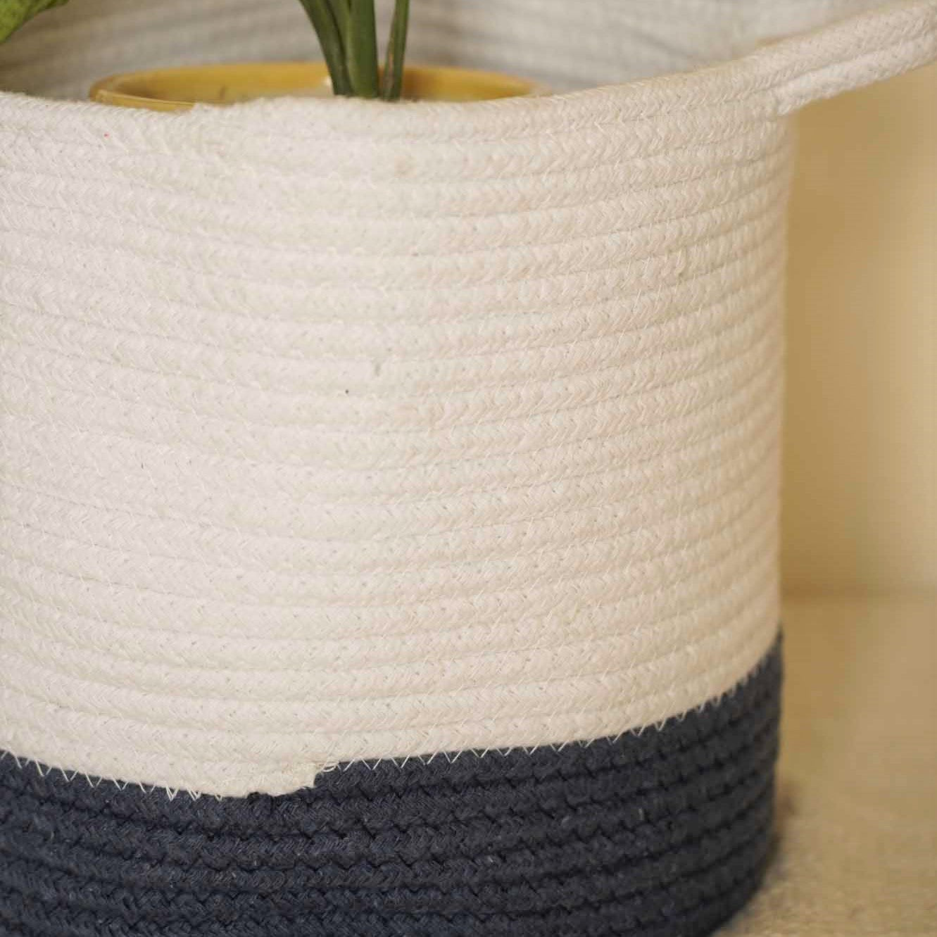 Jute Cotton Planter/Storage/Laundry Circular Basket - Navy and White