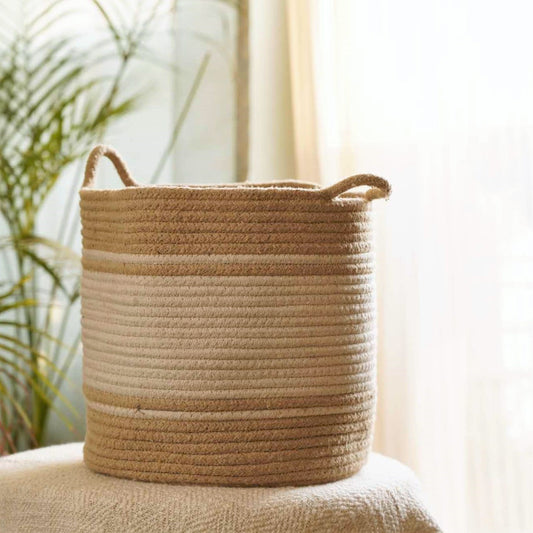 Jute Cotton Planter/Storage/Laundry Circular Basket - Beige and White