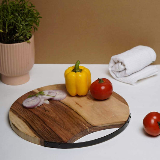 Round Cheeseboard/Chopping Board/Serving Platter with Iron Holder – Acacia Wood