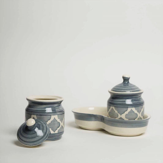 Moroccan Grey Pickle/Condiments Set - Set of 2 Jars and1Tray