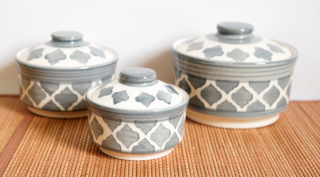 Moroccan Grey Serving Set with Lid - Set of 3